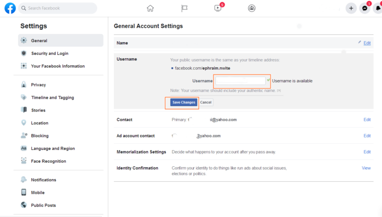 how to change my user id on facebook